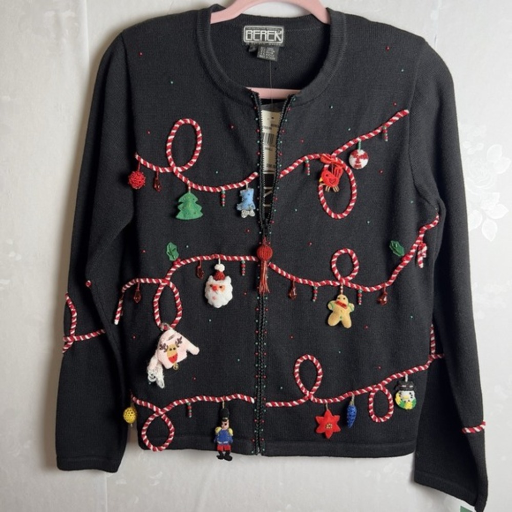 Vintage 90's Berek Christmas‎ Cardigan Sweater Full Zip Size S Amazing Ornaments